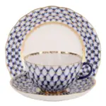 Imperial Kobalt Ağ Çay Fincanı ve Tabağı Trio Set (Lale Form)