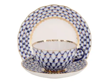 Imperial Kobalt Ağ Çay Fincanı ve Tabağı Trio Set (Lale Form)